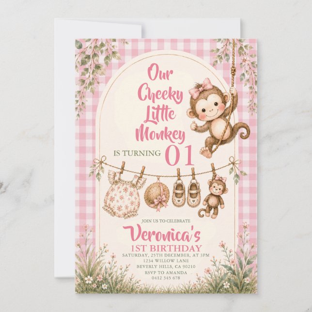 Invitation Premier anniversaire de petit singe rose cheeky  (Devant)