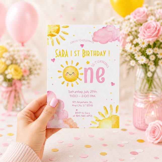Invitation Premier anniversaire de Sunshine Pastel Bébé Fille (Créateur téléchargé)