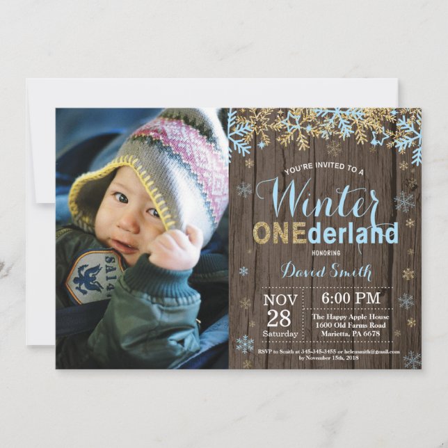 Invitation Premier anniversaire de Winter Onederland bleu et  (Devant)