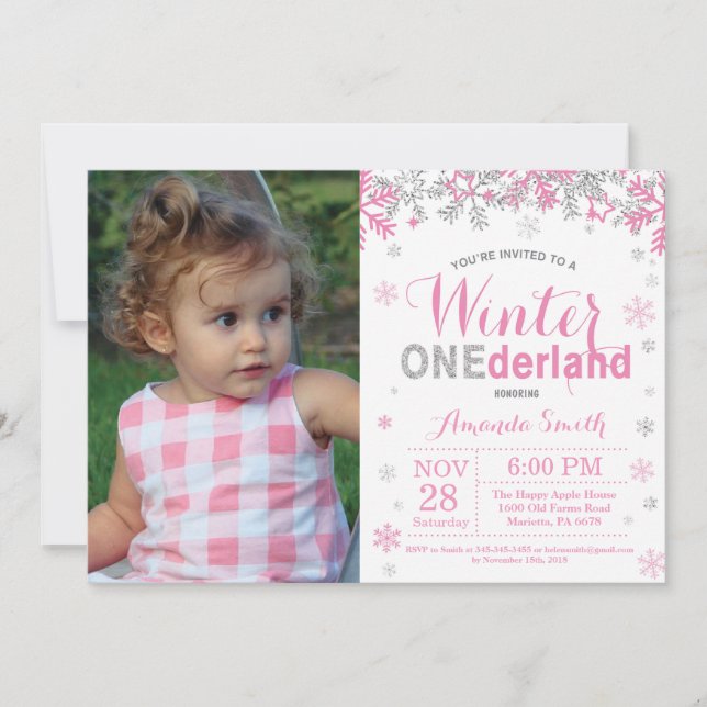 Invitation Premier Anniversaire de Winter Onederland Rose et  (Devant)