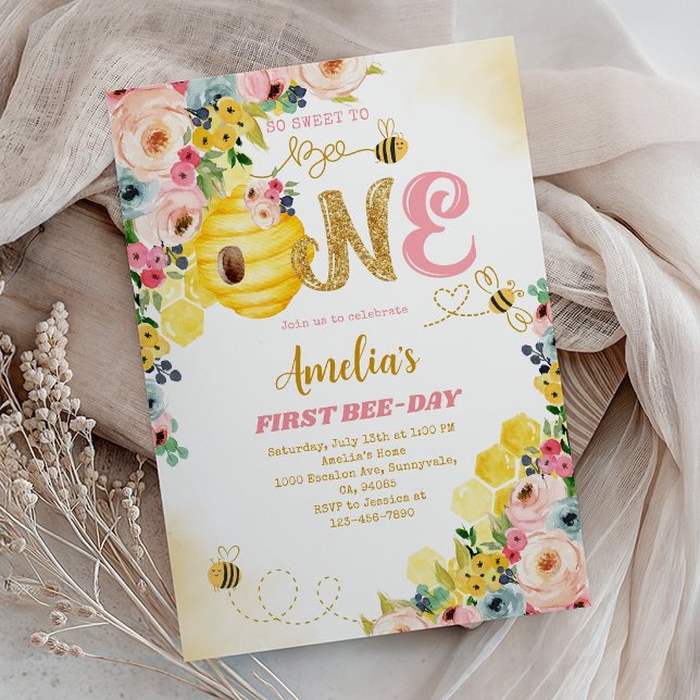 Invitation Premier anniversaire de Yellow Bee - Floral rose (Créateur téléchargé)