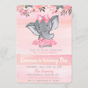 Invitation Premier anniversaire d'éléphant rose, filles