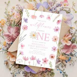 Invitation Premier anniversaire des Fleurs sauvages rose pour