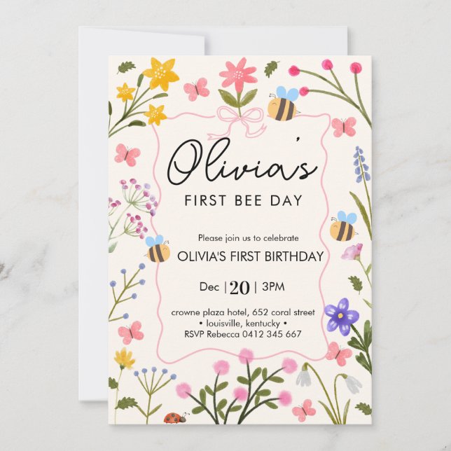 Invitation Premier anniversaire des mignons fleurs sauvages d (Devant)