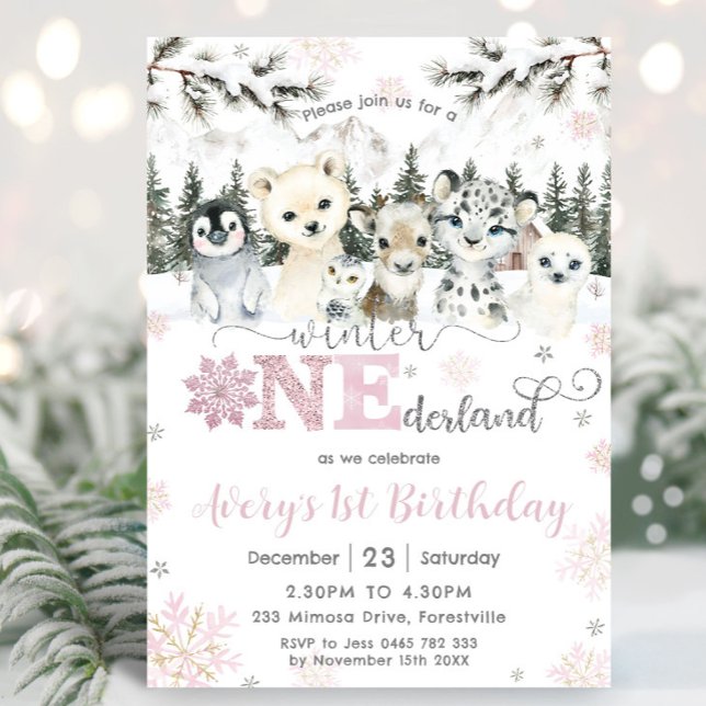 Invitation Premier anniversaire d'hiver Onederland Animaux ar (Créateur téléchargé)
