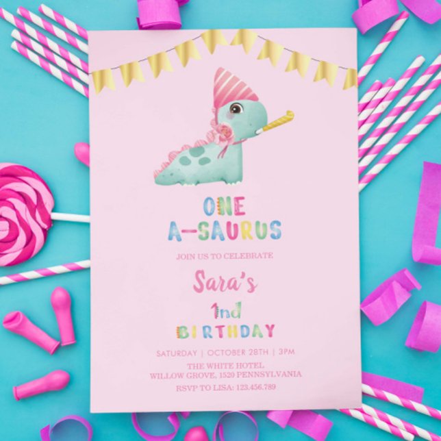 Invitation Premier Anniversaire Dinosaur Gold Party, rose (Créateur téléchargé)