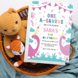 Invitation Premier Anniversaire Dinosaure rose foncé et clair