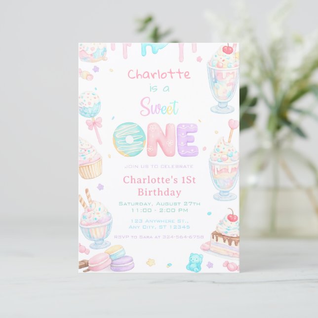 Invitation Premier Anniversaire Douce Fête Pastel (Debout devant)