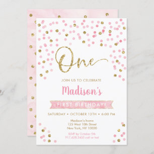Invitation Premier anniversaire du Confetti d'or rose