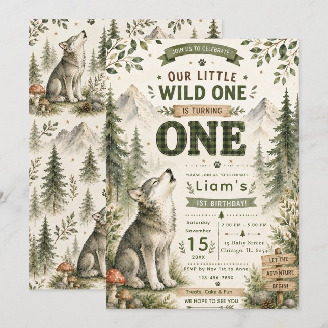 Invitation Premier anniversaire du loup des bois (Devant / Derrière)