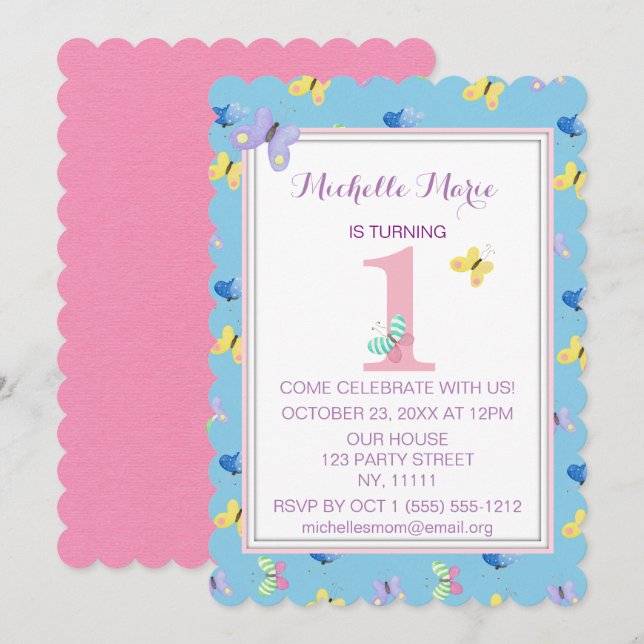 Invitation Premier anniversaire du papillon bleu rose (Devant / Derrière)