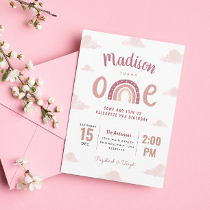 Invitation Premier anniversaire du Pastel rose arc-en-ciel