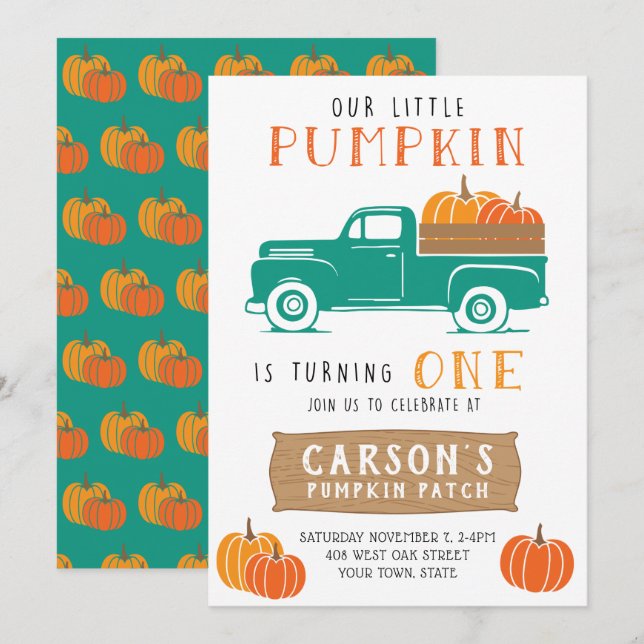 Invitation Premier anniversaire du petit Citrouille Vintage d (Devant / Derrière)