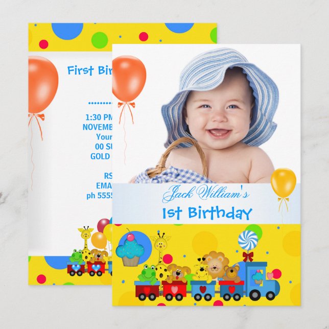 Invitation Premier anniversaire d'un bébé garçon Train Bleu J (Devant / Derrière)