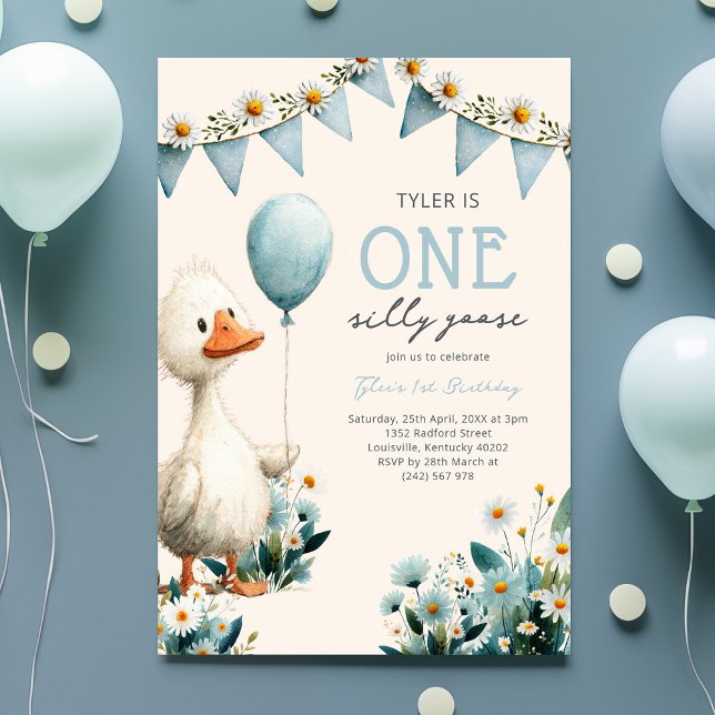 Invitation Premier anniversaire d'un garçon, une oie idiote (Créateur téléchargé)