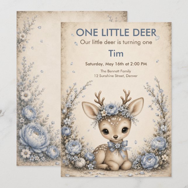 Invitation Premier Anniversaire d'un Petit Cerf - Animal de L (Devant / Derrière)