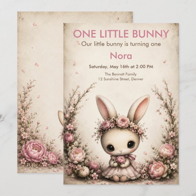 Invitation Premier Anniversaire d'un Petit Lapin - Animal de  (Devant / Derrière)