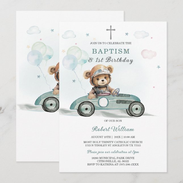 Invitation Premier anniversaire et baptême de l'Ourson (Devant / Derrière)