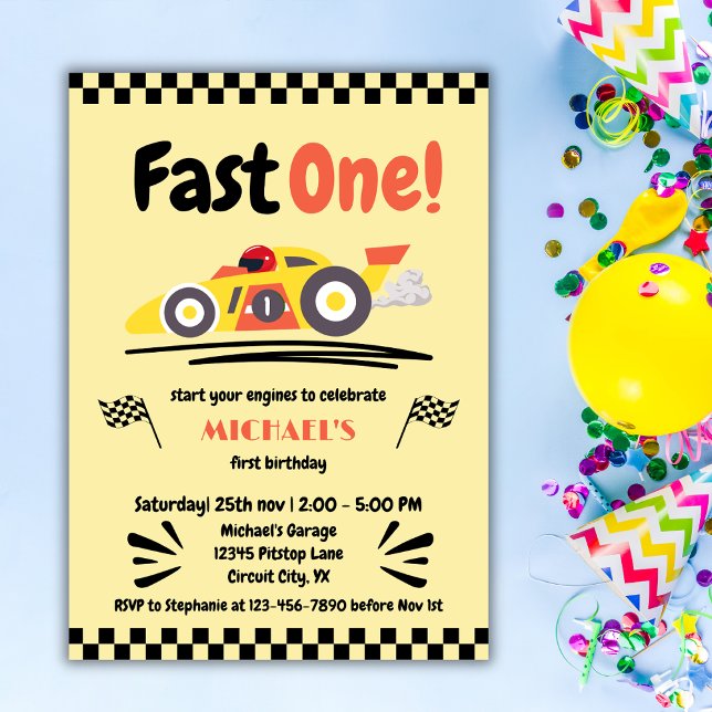 Invitation Premier Anniversaire Fast One Jaune Voiture Race V (Créateur téléchargé)