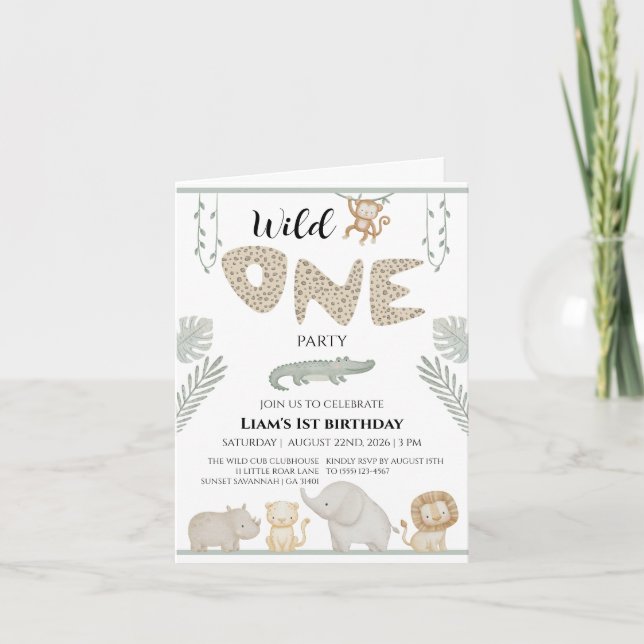 Invitation Premier Anniversaire Faune Safari Jungle Wild One (Devant)
