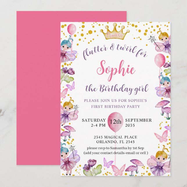 Invitation Premier Anniversaire Fée Princesse Rose & Or (Devant / Derrière)