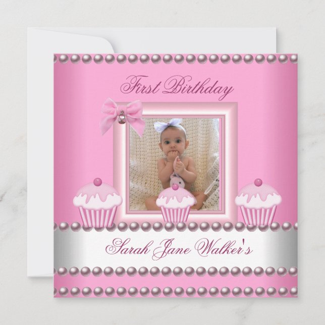 Invitation Premier anniversaire fille Cupcakes rose Bébé blan (Devant)