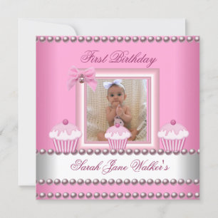 Invitation Premier anniversaire fille Cupcakes rose Bébé blan