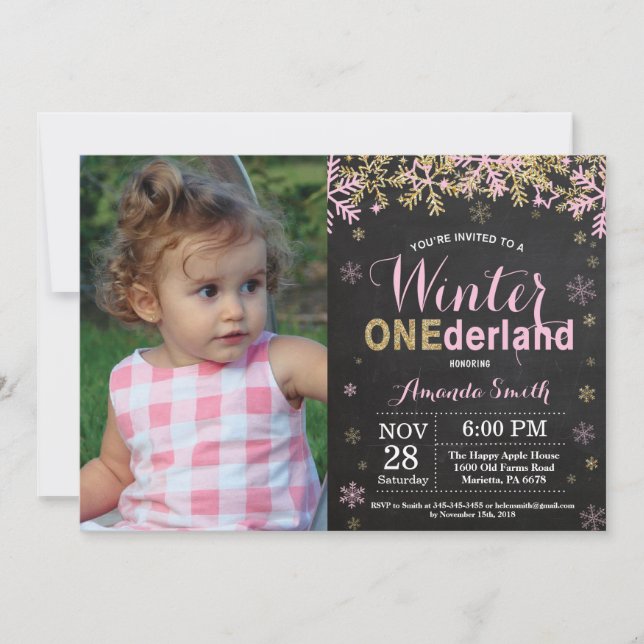 Invitation Premier Anniversaire Fille Hiver Onederland Rose e (Devant)