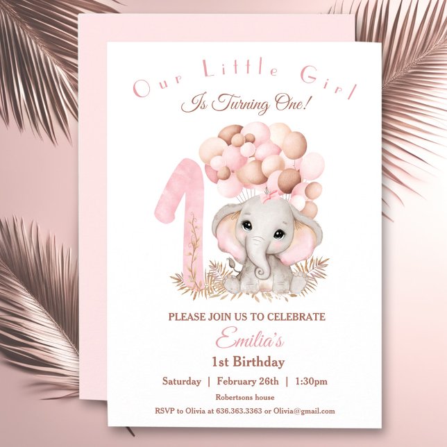 Invitation Premier anniversaire fille mignonne éléphant rose (First Birthday Girl Cute Elephant Pink Invitation)
