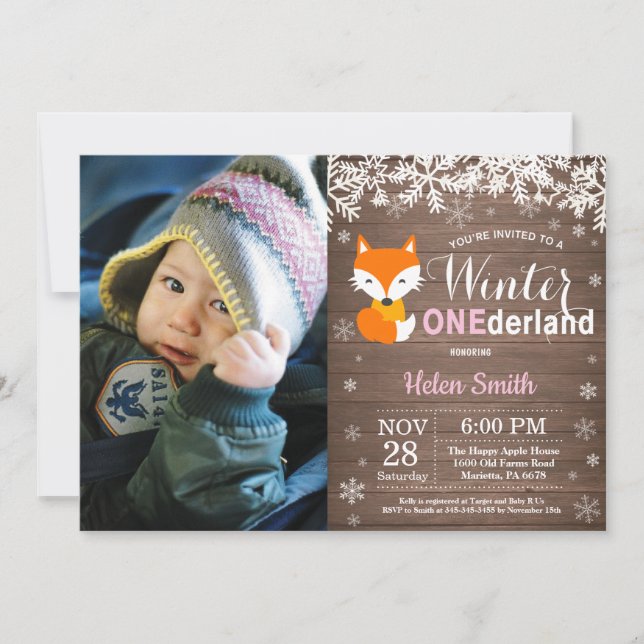 Invitation Premier Anniversaire Fille Renard Rustique Onederl (Devant)