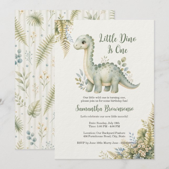 Invitation Premier Anniversaire Fougère Dinosaure (Devant / Derrière)
