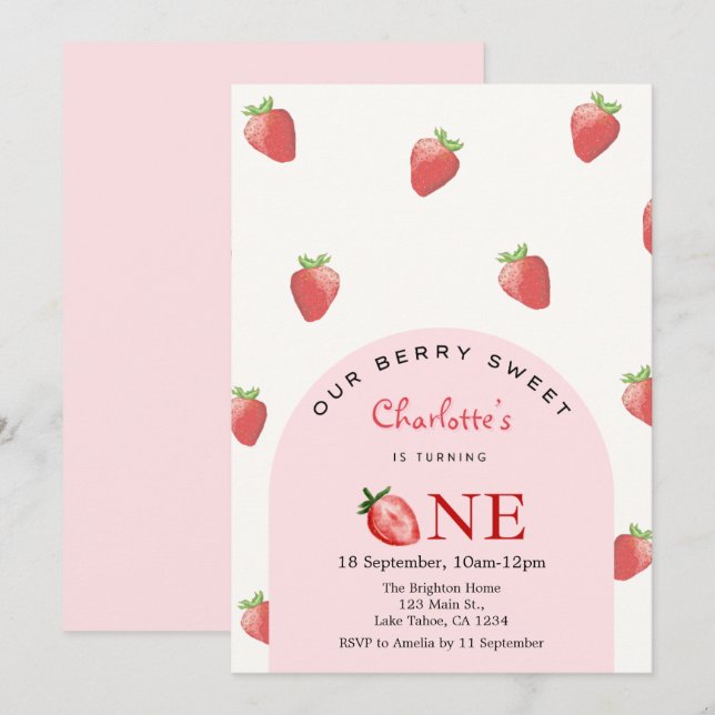 Invitation Premier anniversaire fraise  (Devant / Derrière)