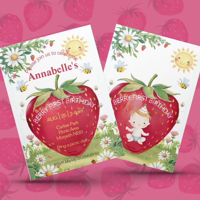 Invitation Premier anniversaire fraise pique-nique sucré un é (Créateur téléchargé)