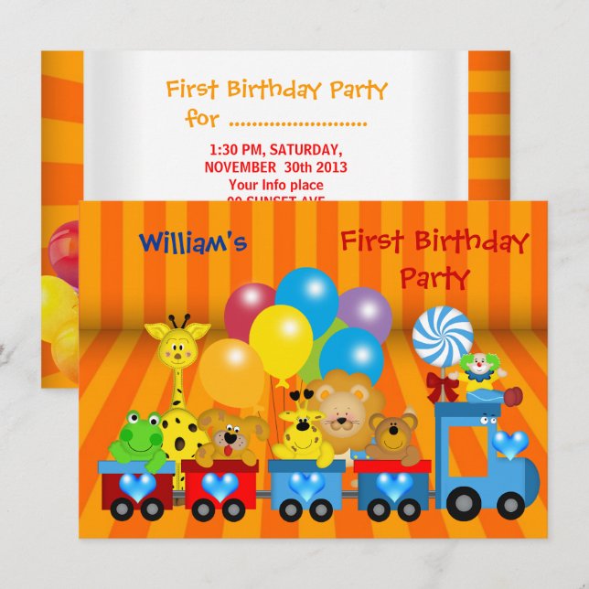 Invitation Premier anniversaire garçon 1er Train Animaux de z (Devant / Derrière)