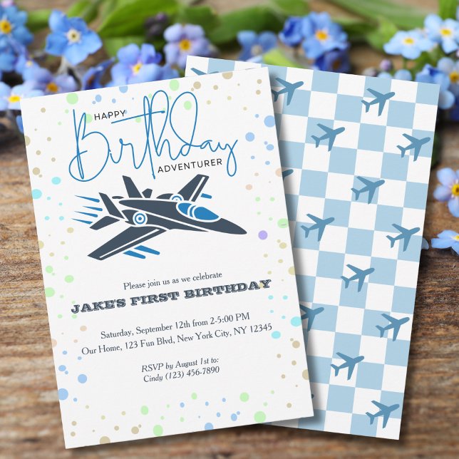 Invitation Premier Anniversaire Garçon Jet Fighter Avion Bleu (Créateur téléchargé)