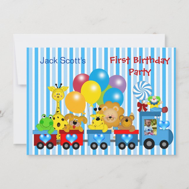 Invitation Premier anniversaire garçon Train Photo Animaux (Devant)