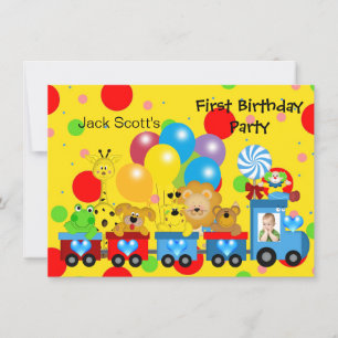 Invitation Premier anniversaire garçon Train Photo Zoo Animau