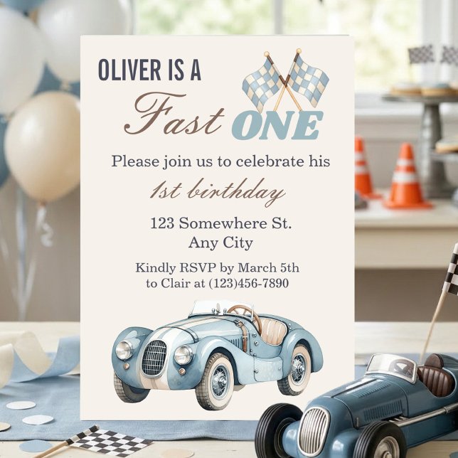 Invitation Premier Anniversaire Garçon Voiture de Course Bleu (Fast One 1st Birthday Blue Race Car Boy Invitation)