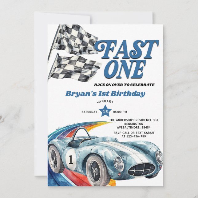 Invitation Premier Anniversaire Garçon Voiture de Course Vint (Devant)
