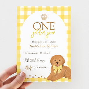 Invitation Premier Anniversaire Goldendoodle à Carreaux Jaune