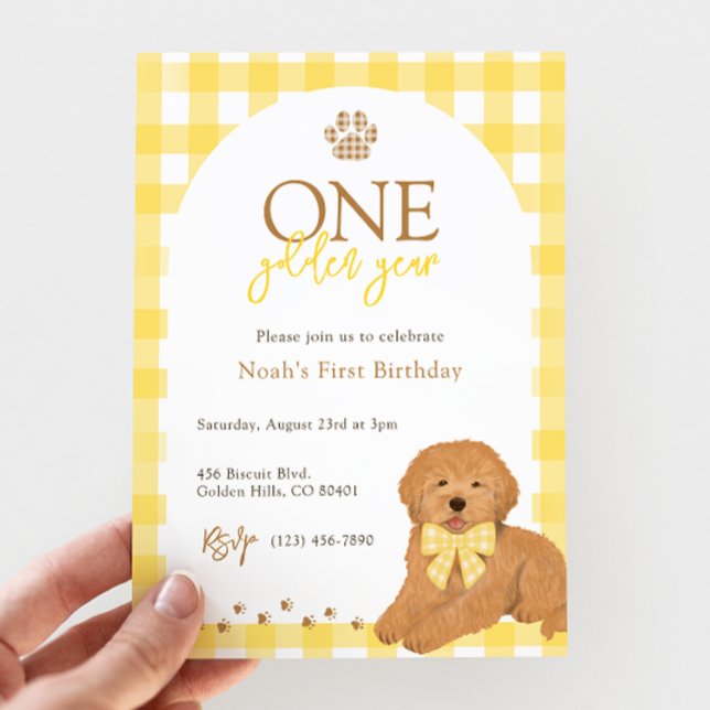 Invitation Premier Anniversaire Goldendoodle à Carreaux Jaune (Créateur téléchargé)