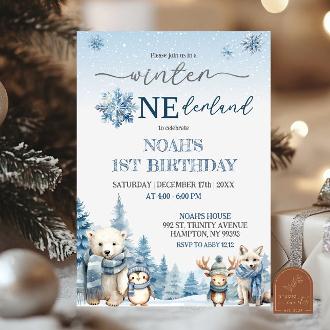 Invitation Premier Anniversaire Hiver Onederland Animaux Arct (Créateur téléchargé)