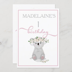 Invitation Premier anniversaire joli Koala Floral rose