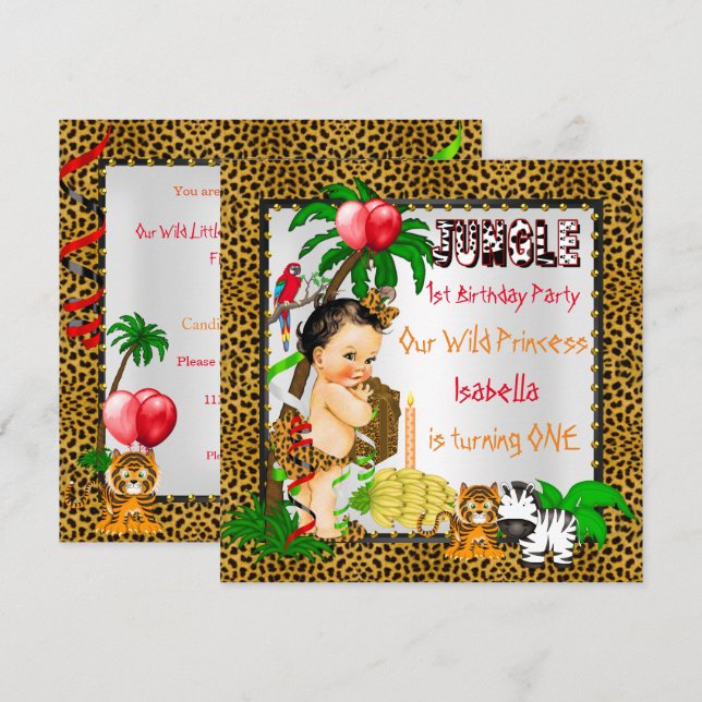 Invitation Premier Anniversaire Léopard Safari Jungle Brunett (Devant / Derrière)