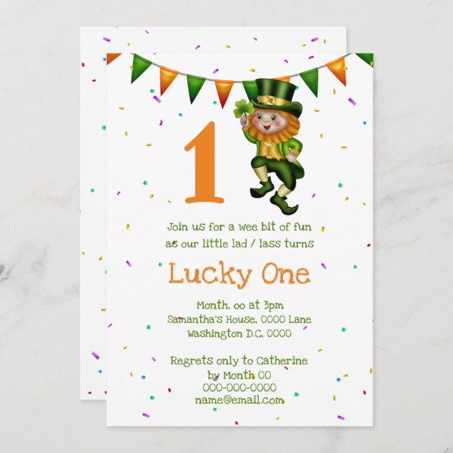 Invitation Premier anniversaire leprechaun chanceux un trèfle (Devant / Derrière)