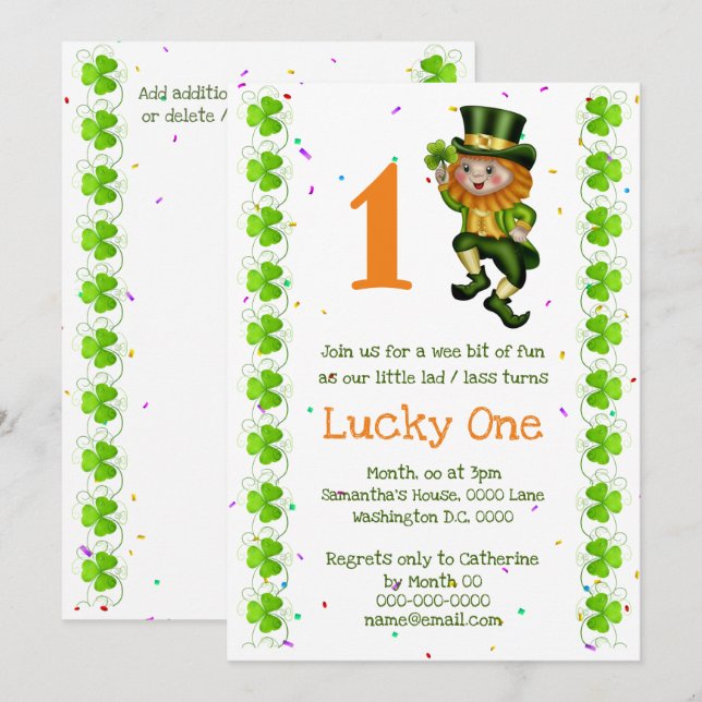 Invitation Premier anniversaire leprechaun chanceux un trèfle (Devant / Derrière)