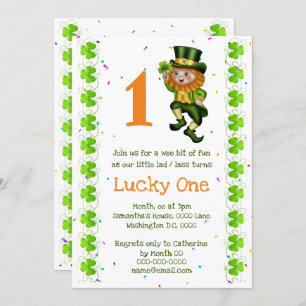 Invitation Premier anniversaire leprechaun chanceux un trèfle