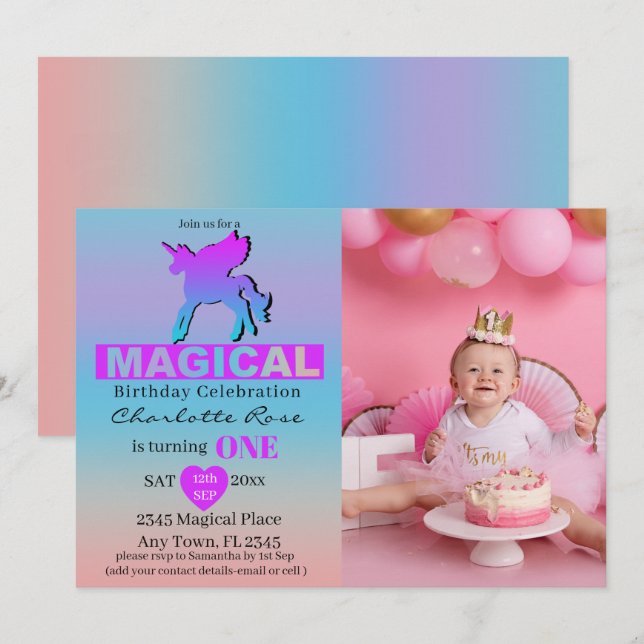 Invitation Premier Anniversaire Licorne Magique Rose Bleu (Devant / Derrière)