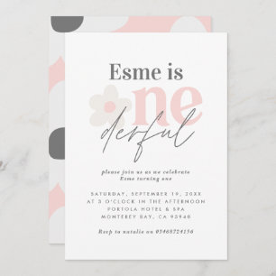Invitation Premier anniversaire marguerite boho rétro rose gi