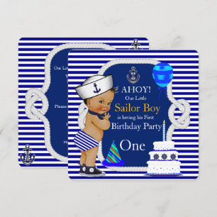 Invitation Premier anniversaire marin Boy Marine Bleu Stripe